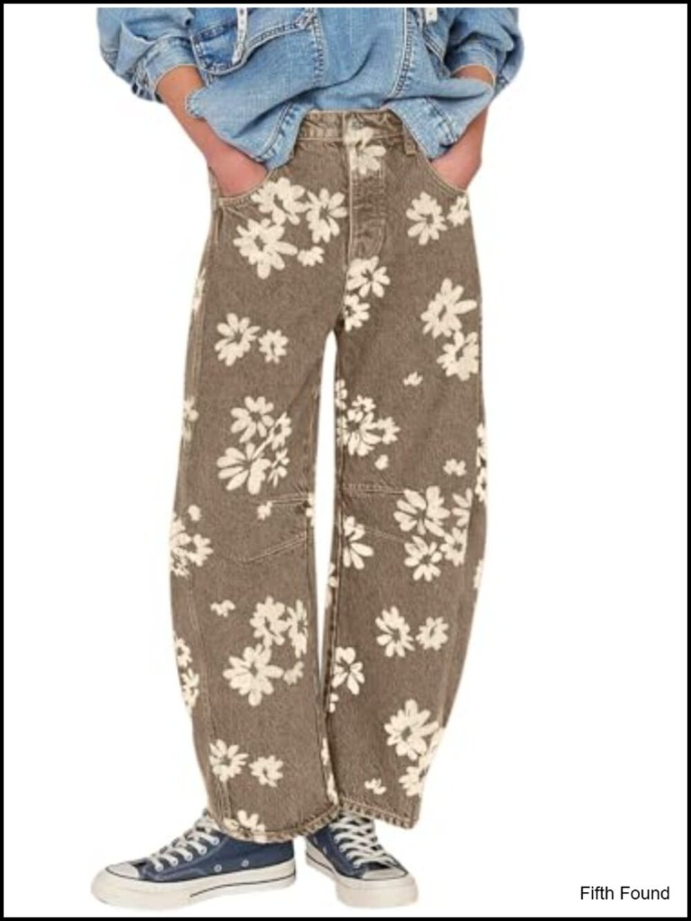 Women's Floral Printed Wide Leg Boyfriend Jeans Distressed Patchwork Denim Pants